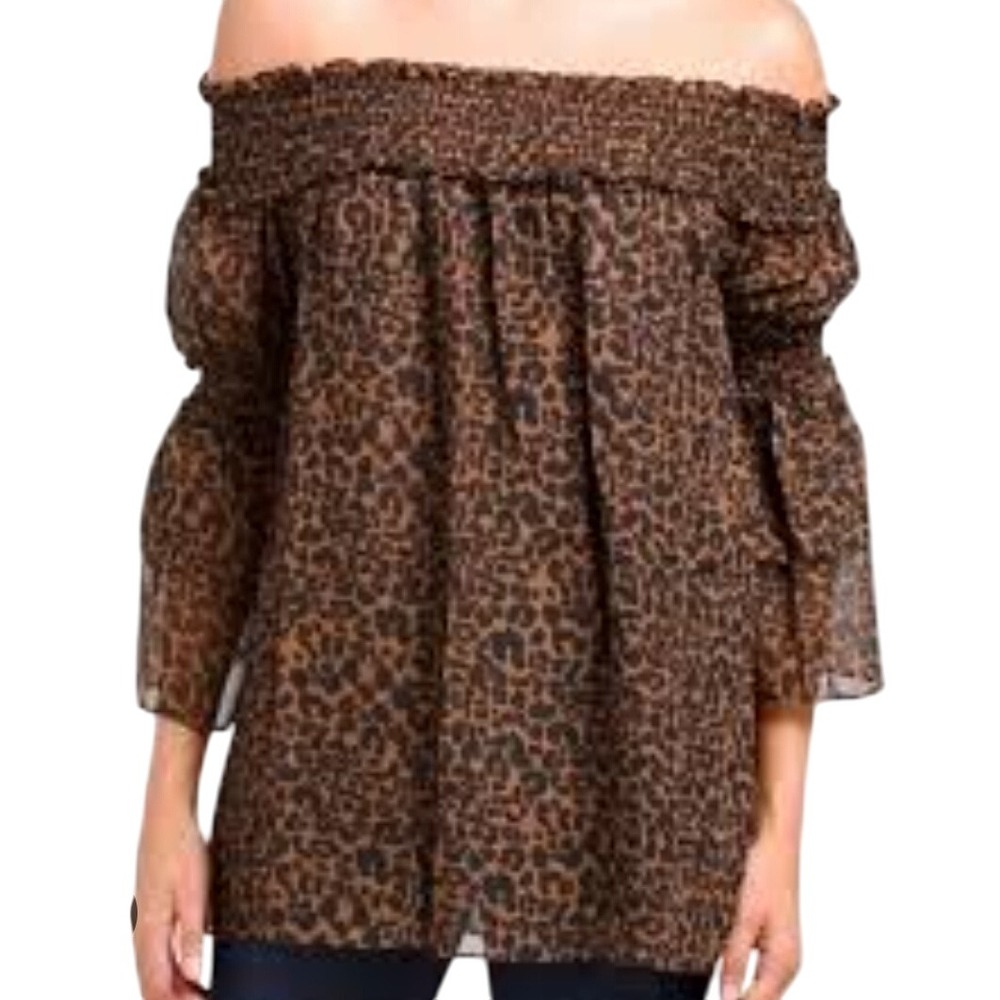 Max Studio -610 NWT Leopard Print‎ Off Shoulder Chiffon Ruffle Top Womens Size S